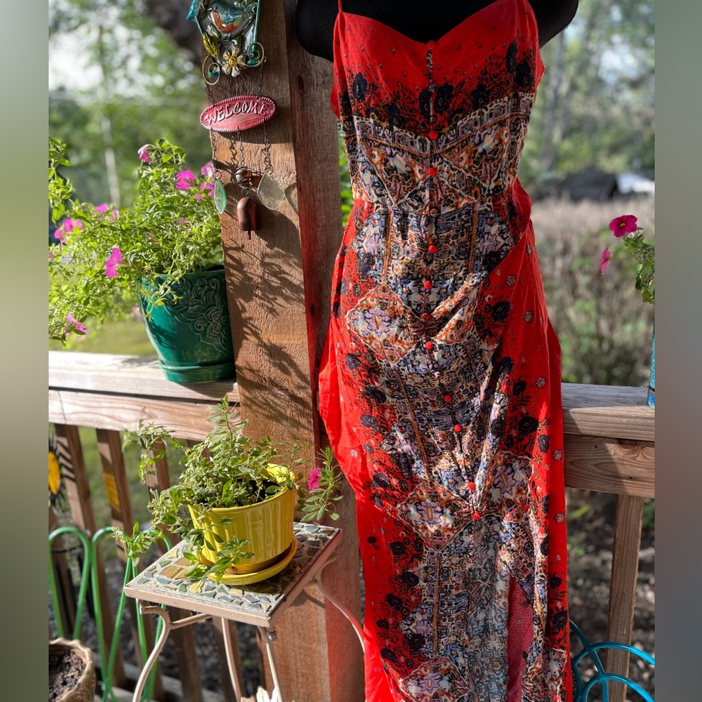 Free People Intimately Orange Multi-Color Artsy Spaghetti Strap Maxi Dress NWT - Picture 3 of 11